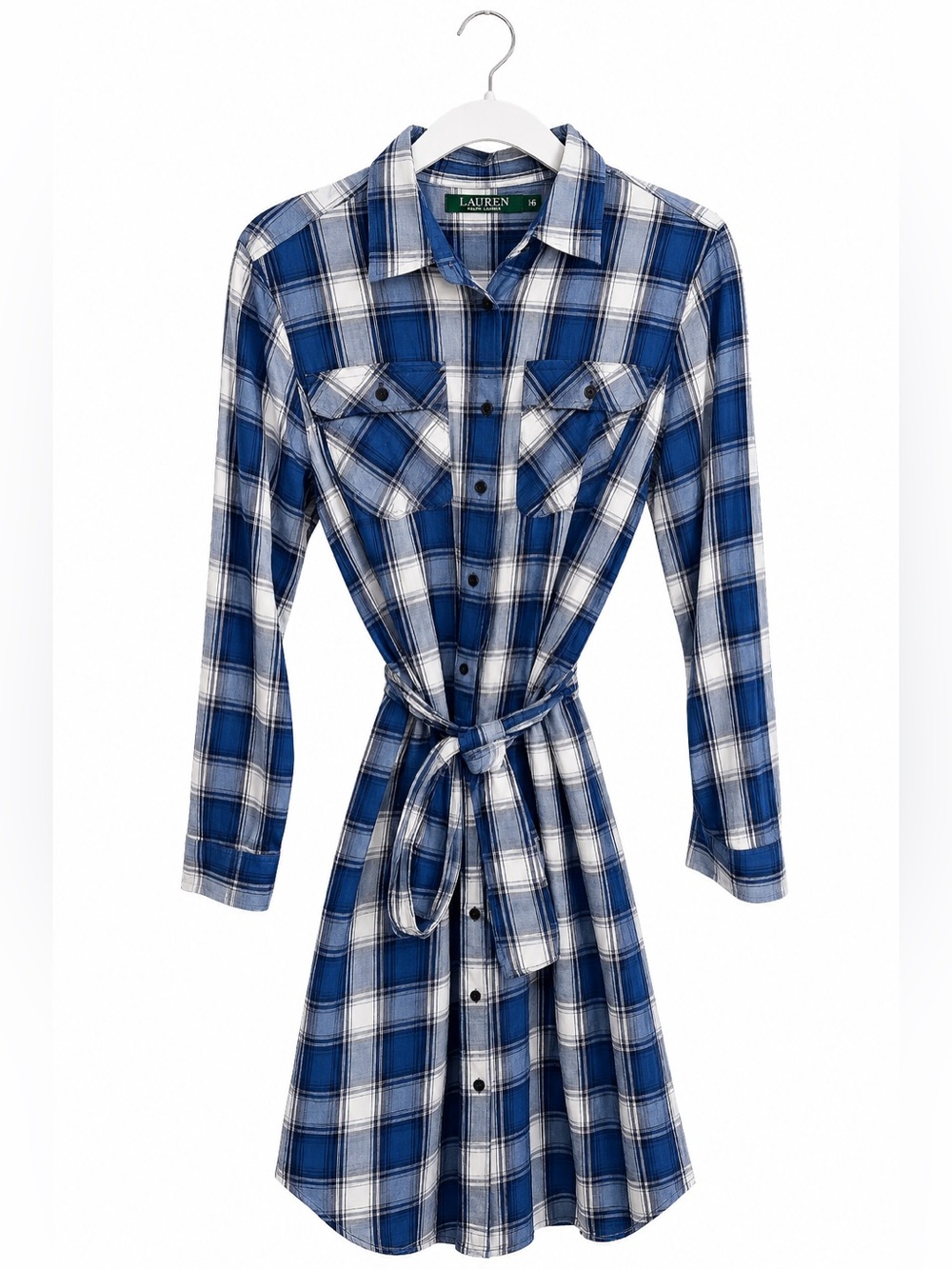 Lauren Ralph Lauren Blue and White Plaid Long-Sleeve Shirt Dress